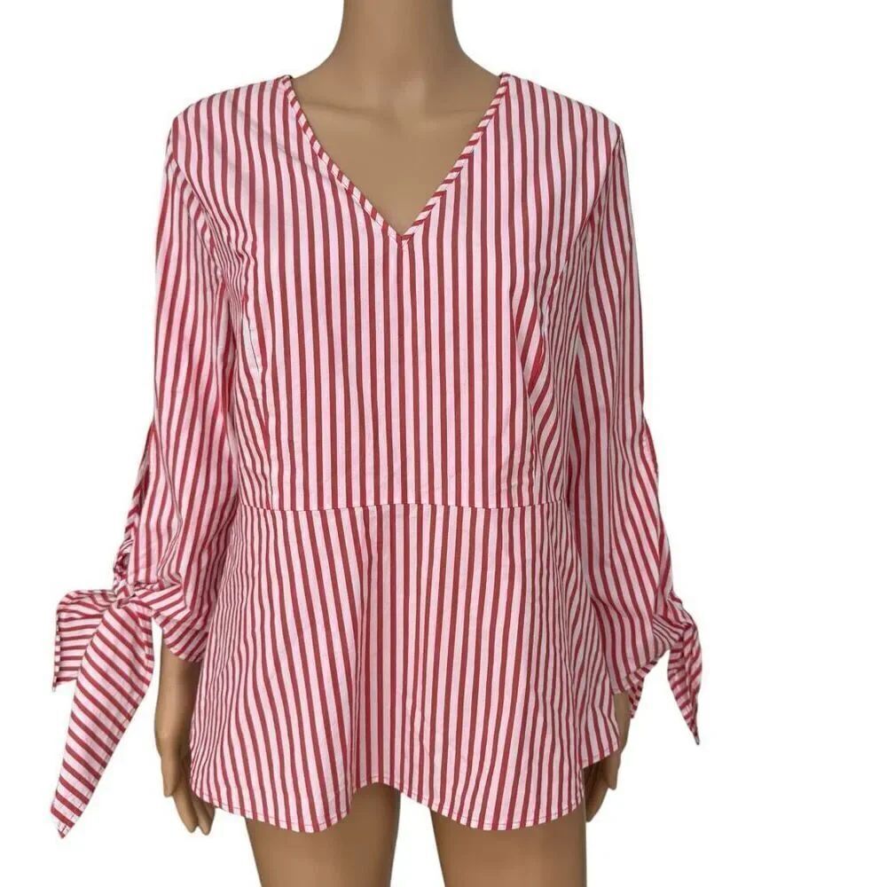 Universal Standard For J.Crew Red & White Striped V-neck Long Sleeve Shirt Sz S